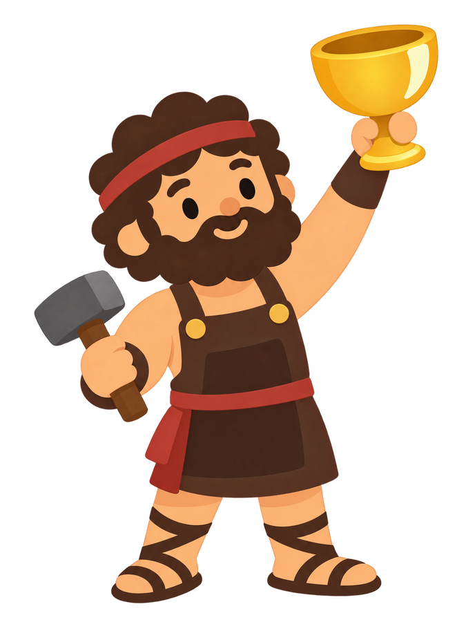 Hephaestus holding a hammer and a golden cup.