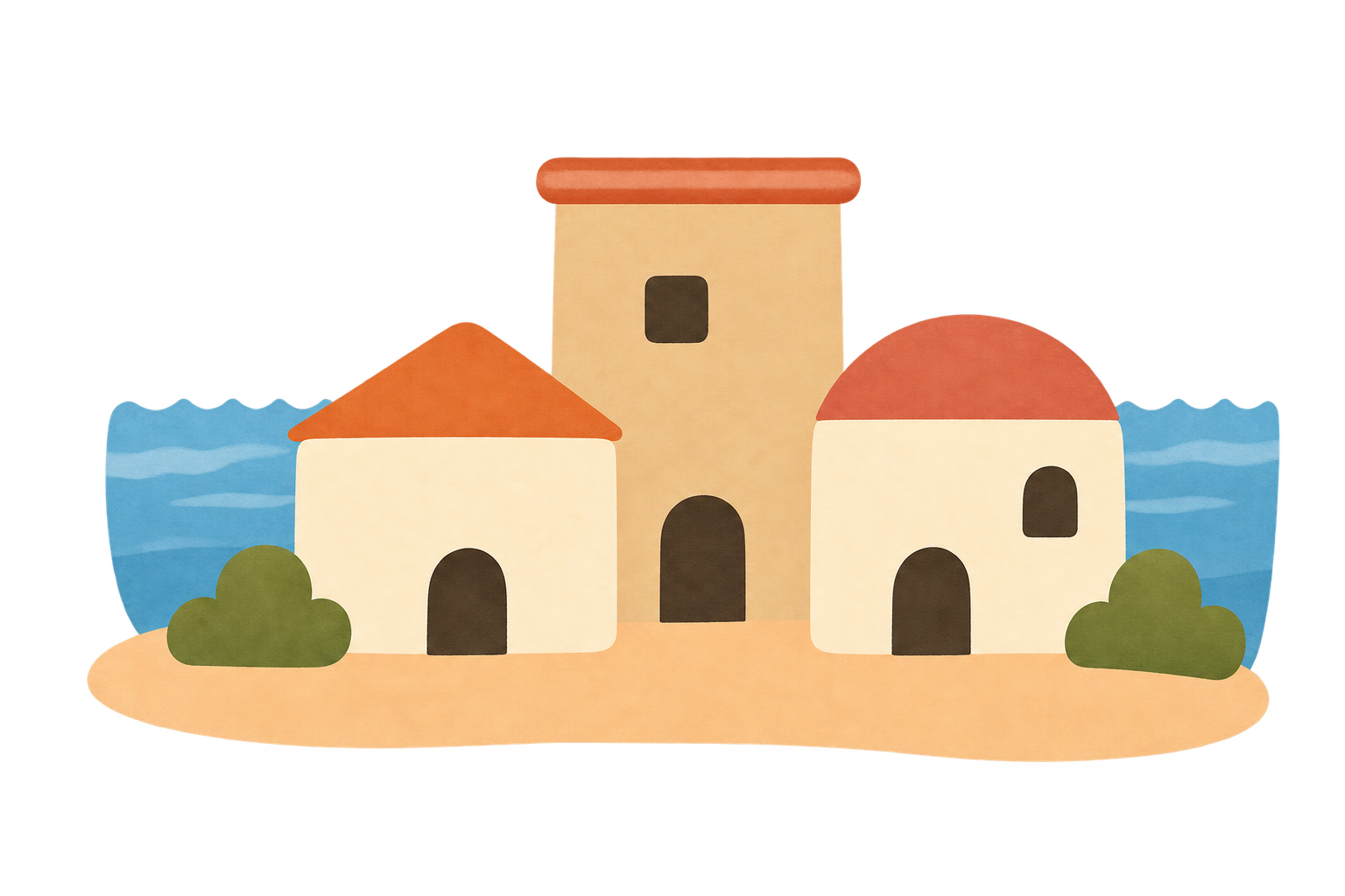 A simplified storybook town with rounded Greek-inspired houses.