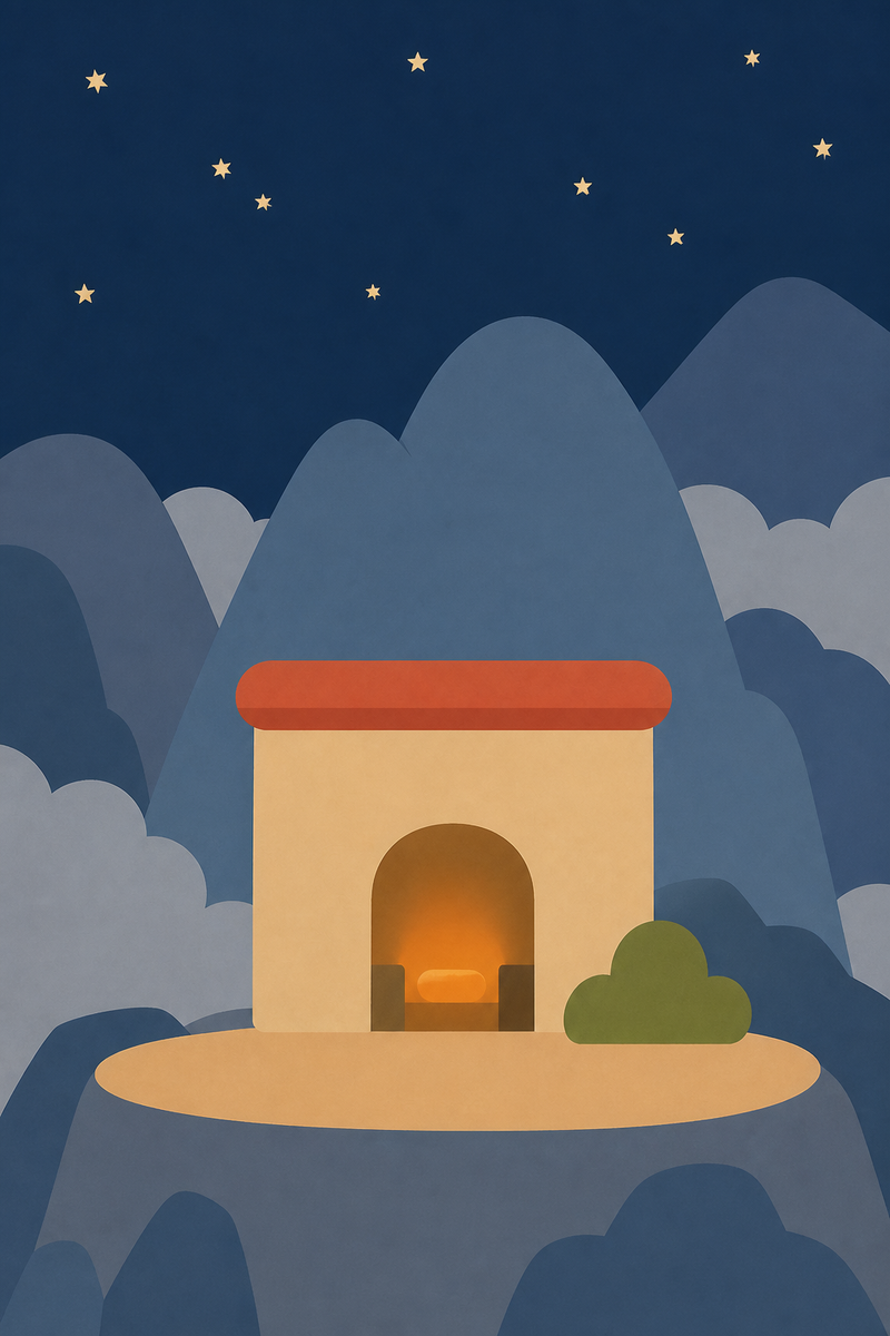 A small stone workshop glowing on Mount Olympus at night.